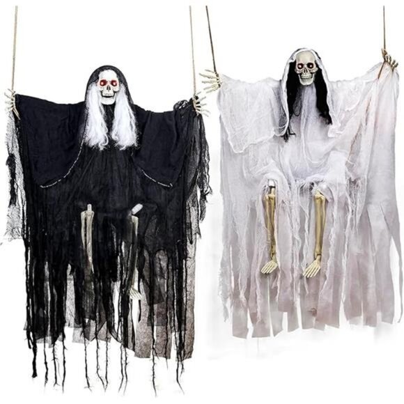 2 Pack Halloween Decorations Hanging Skeleton Ghosts with Light, Decor Props - Picture 7 of 7